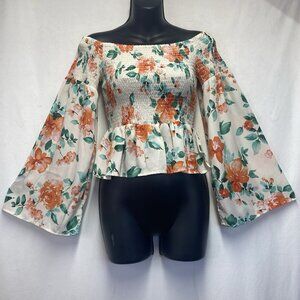 Mimi Chica Floral Off Shoulder Bell Long Sleeve Smocked Top Women Medium Cream